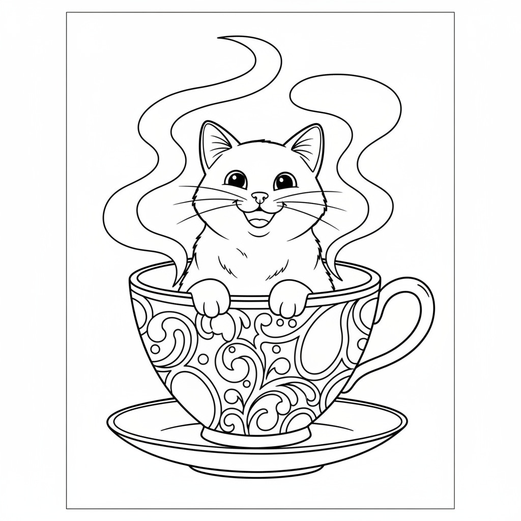 a smiling cat sitting in a teacup coloring page