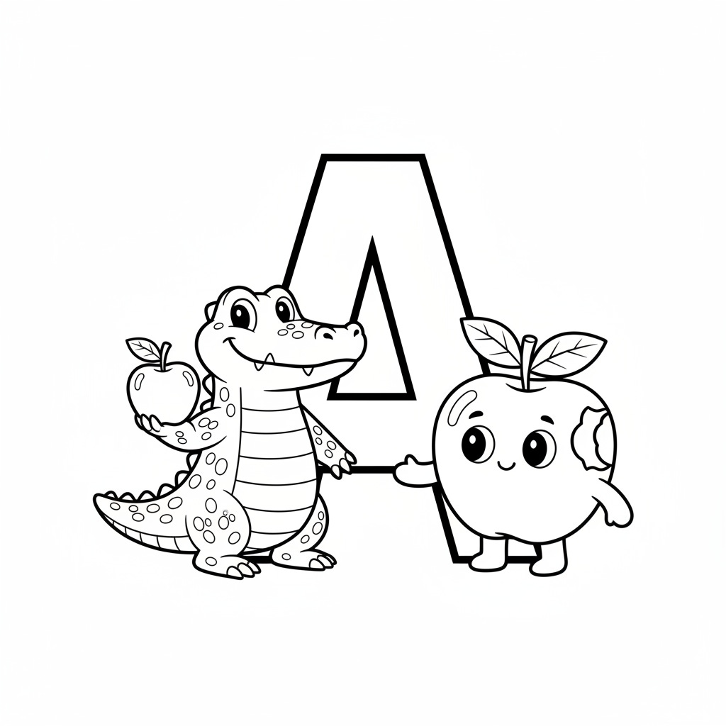 the letter A with an apple and an alligator standing together coloring page