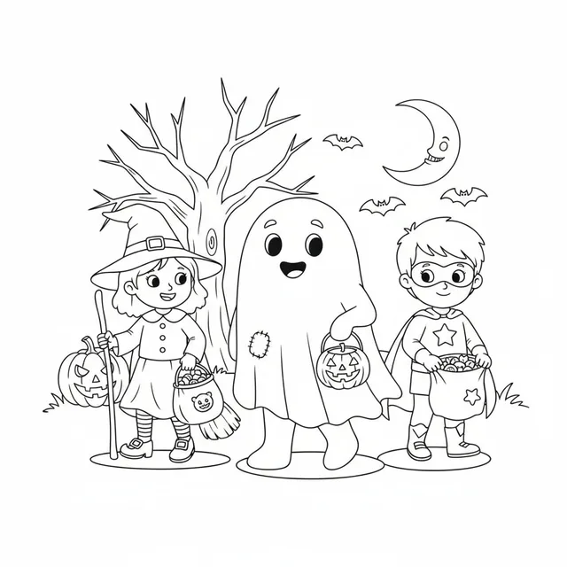 a friendly ghost trick-or-treating with two kids in simple costumes coloring page