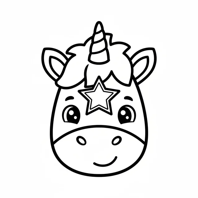 one big unicorn head with a short mane and a star on its forehead coloring page