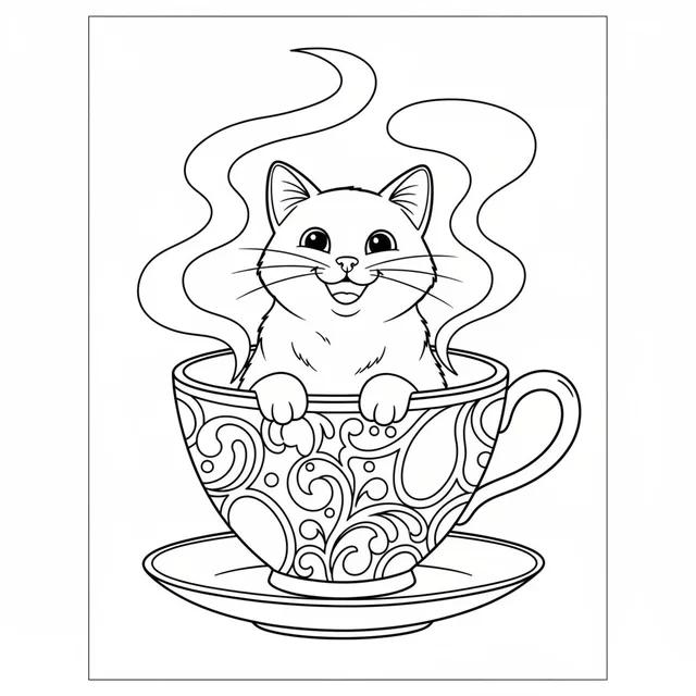 a smiling cat sitting in a teacup coloring page