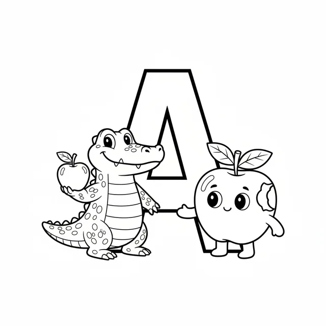 the letter A with an apple and an alligator standing together coloring page